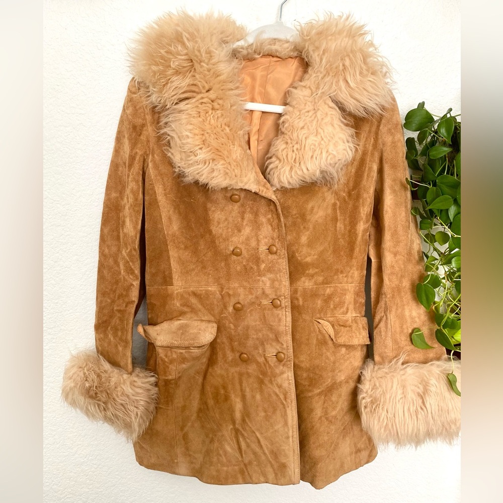 -sold- Vintage 1970s Penny Lane Suede Leather Faux Fur Double Breasted Jacket